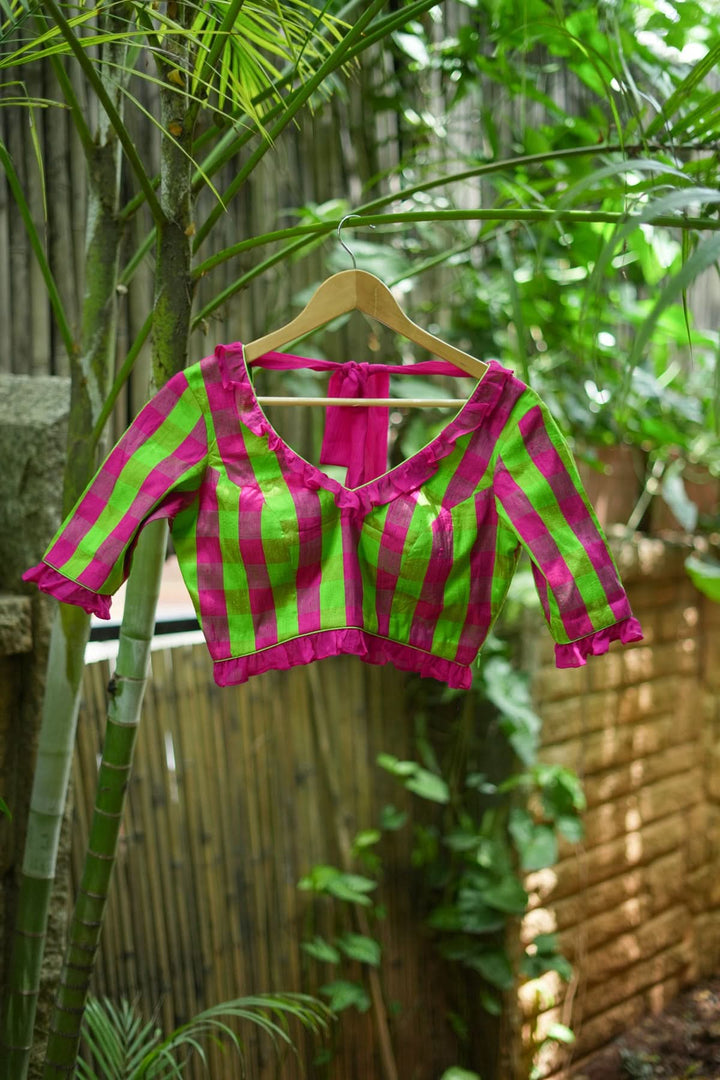 Green pink checked pure raw silk V neck blouse with chiffon frills