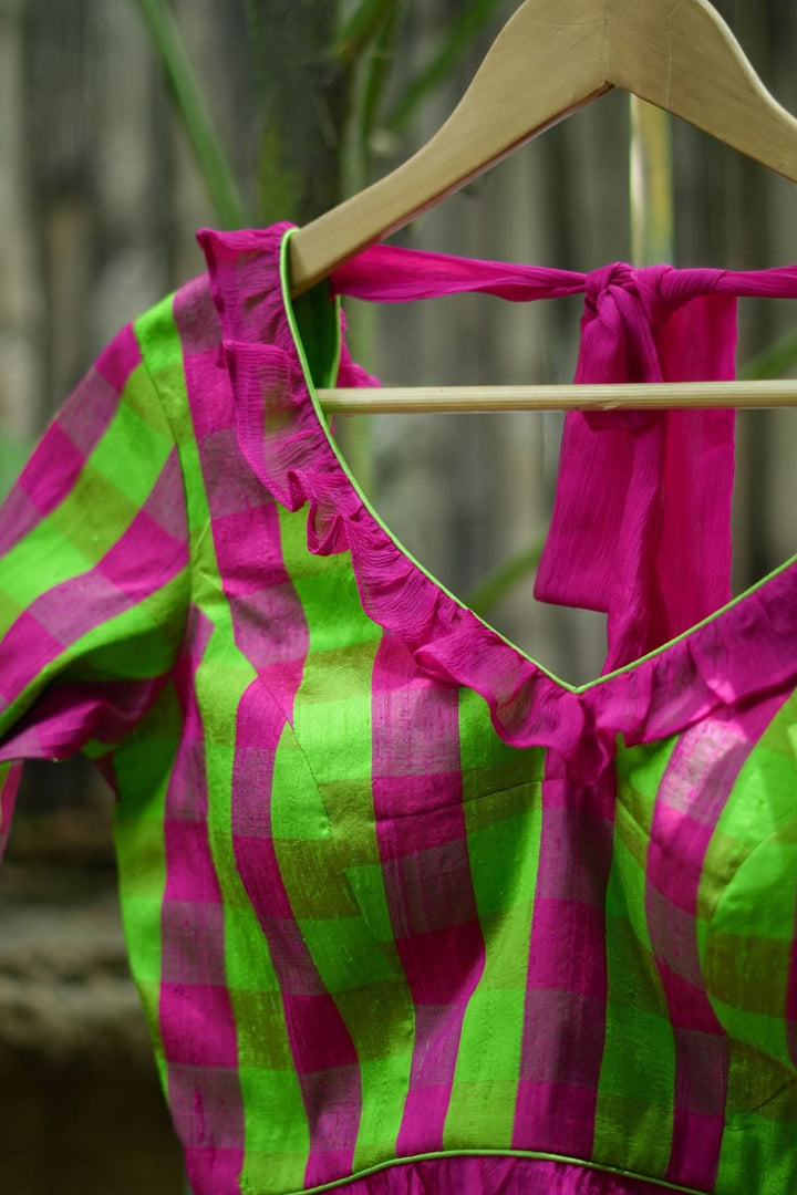 Green pink checked pure raw silk V neck blouse with chiffon frills