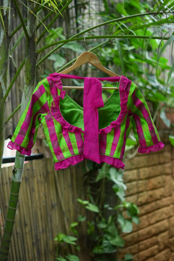 Green pink checked pure raw silk V neck blouse with chiffon frills