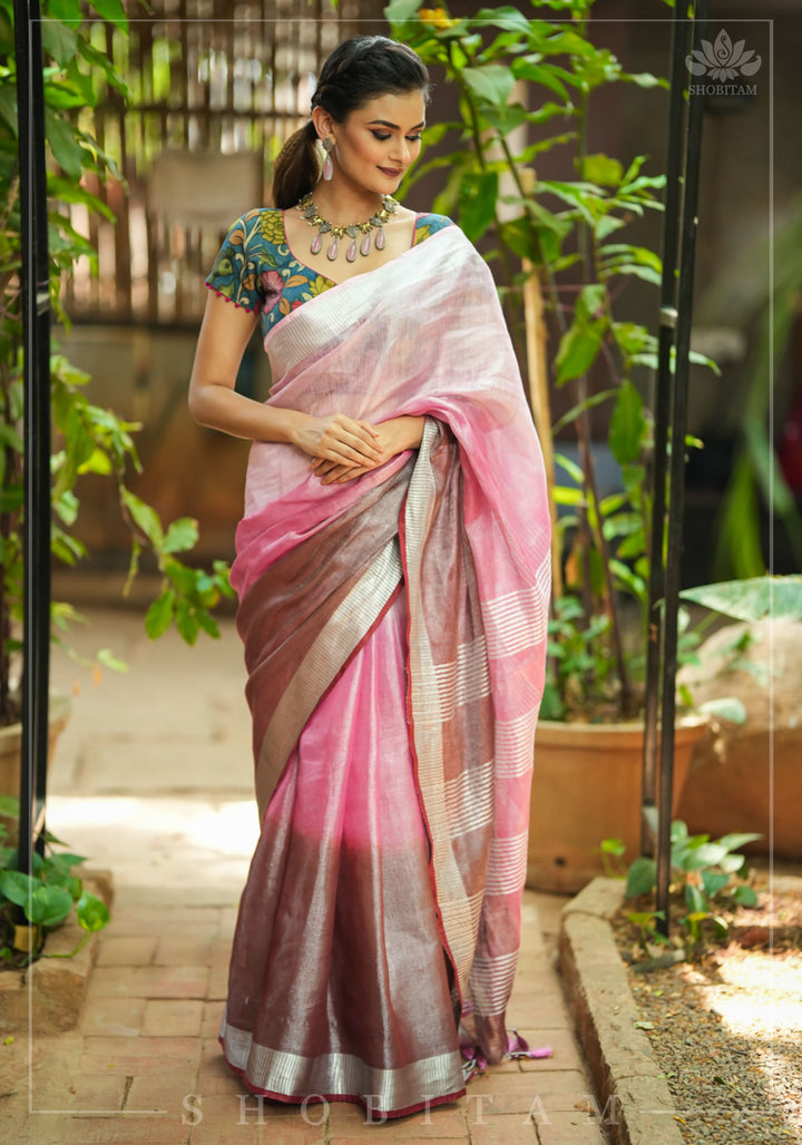 Blush pink burgundy Ombre Silver Tissue Linen Saree with Silver Ribbed Borders