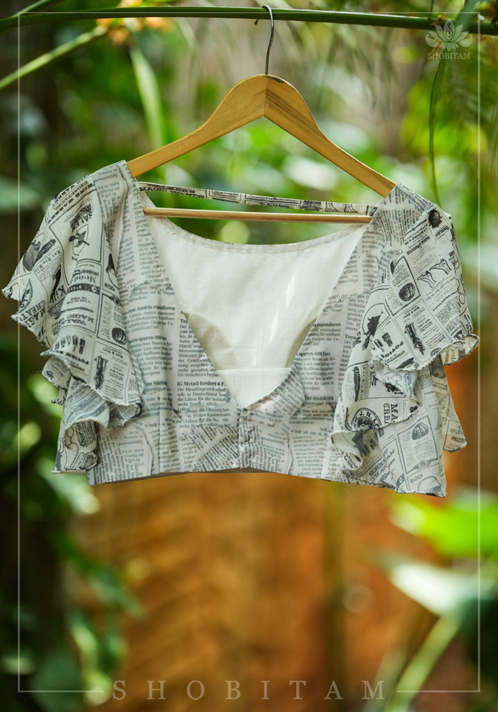 Newspaper Print Blouse with Ruffle Sleeves in Georgette!