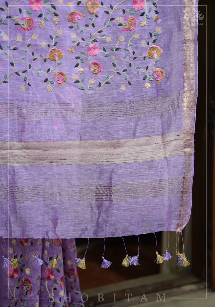 Floral Jaal embroidery on Silk Linen In Lilac with woven zari borders