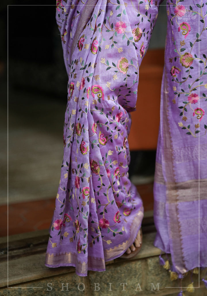 Floral Jaal embroidery on Silk Linen In Lilac with woven zari borders