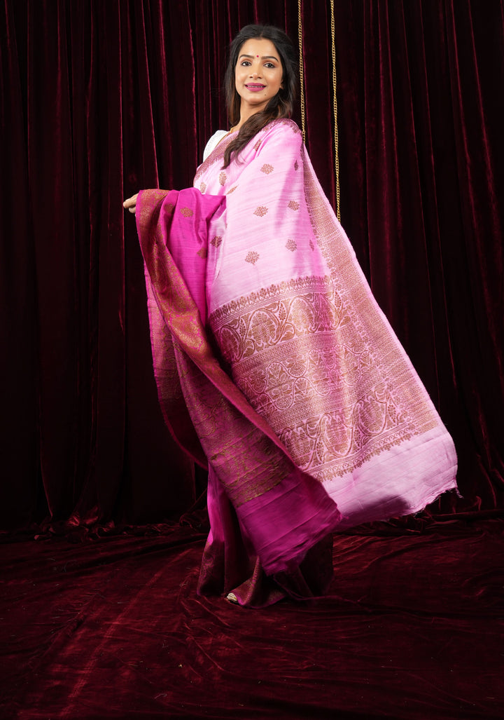 Raw Silk Banarasi Ombre Saree in Baby Pink and Deep Pink with antique tone Zari | SILK MARK CERTIFIED