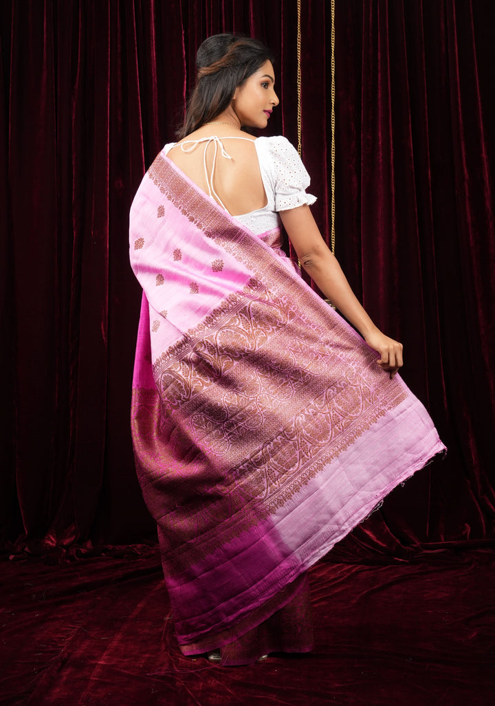 Raw Silk Banarasi Ombre Saree in Baby Pink and Deep Pink with antique tone Zari | SILK MARK CERTIFIED