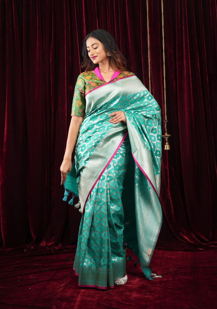 Teal green Moroccan trellis Zari jaal Semi Silk Saree and zari border