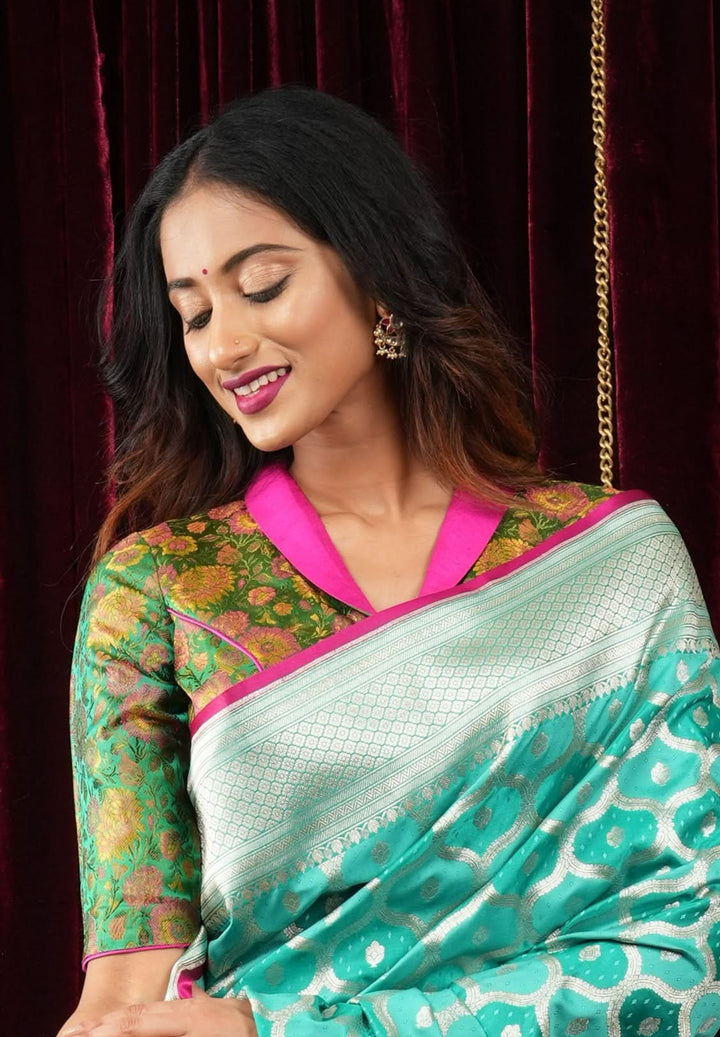 Green Tanchoi with Fuchsia Pure Raw Silk Lapel Collar Blouse for saree