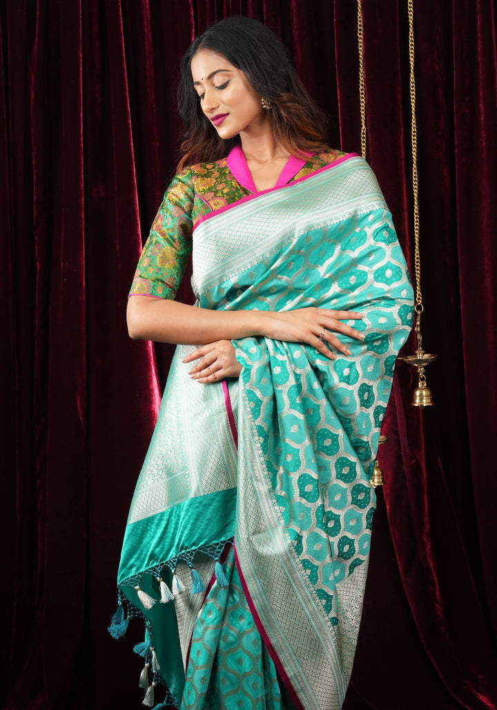 Teal green Moroccan trellis Zari jaal Semi Silk Saree and zari border