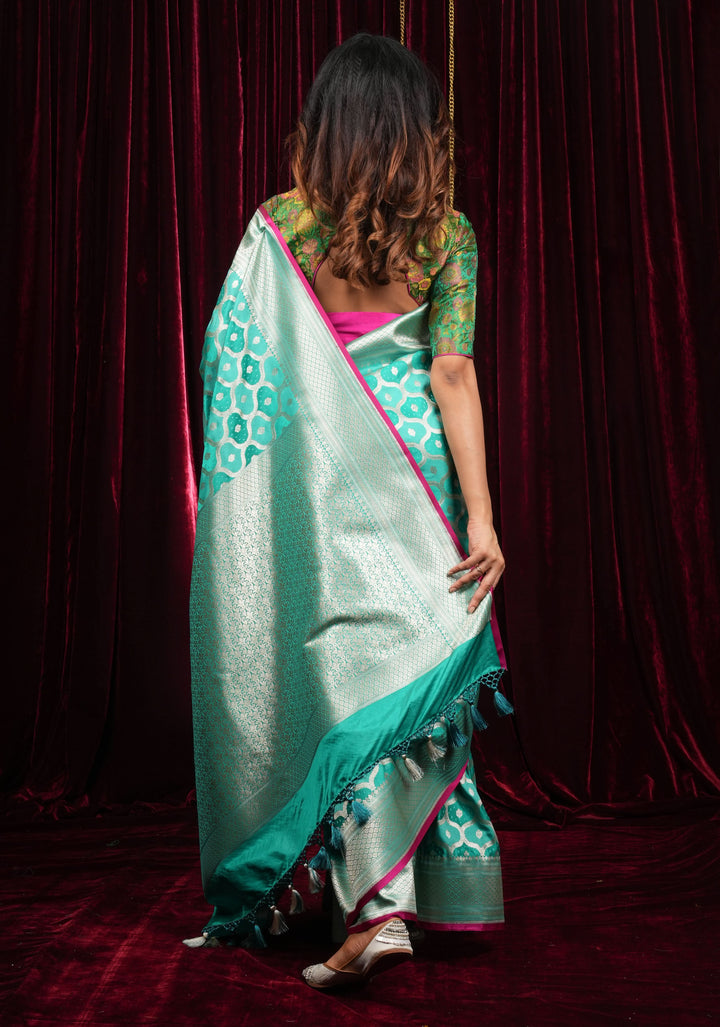 Teal green Moroccan trellis Zari jaal Semi Silk Saree and zari border