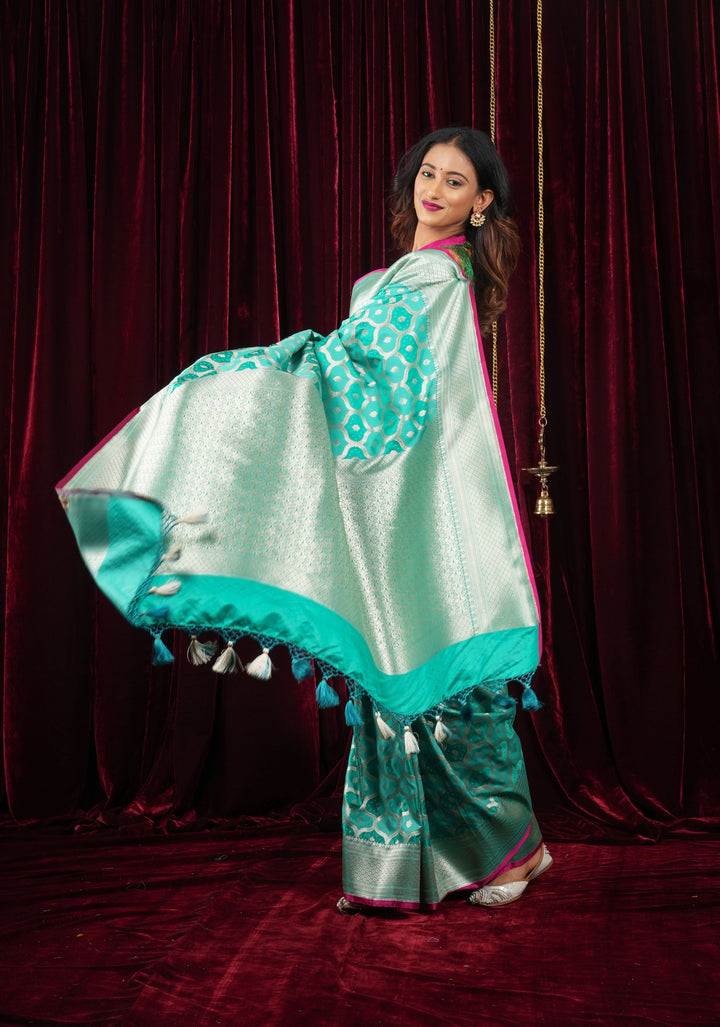 Teal green Moroccan trellis Zari jaal Semi Silk Saree and zari border