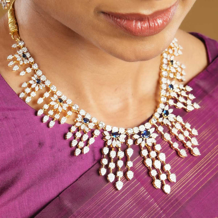 92.5 Silver Blue and White Charming Icicle Stone Studded Necklace Set