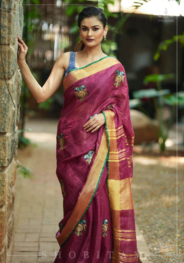 Tanjore Design Twin parrots embroidered motifs on maroon Linen by Linen Saree