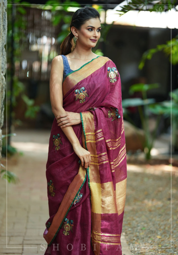 Tanjore Design Twin parrots embroidered motifs on maroon Linen by Linen Saree