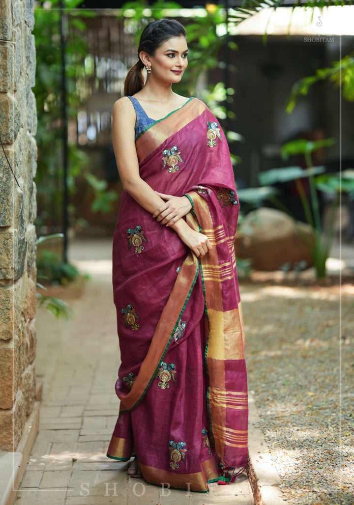 Tanjore Design Twin parrots embroidered motifs on maroon Linen by Linen Saree