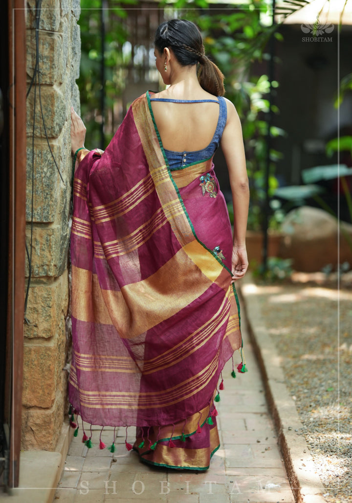 Tanjore Design Twin parrots embroidered motifs on maroon Linen by Linen Saree