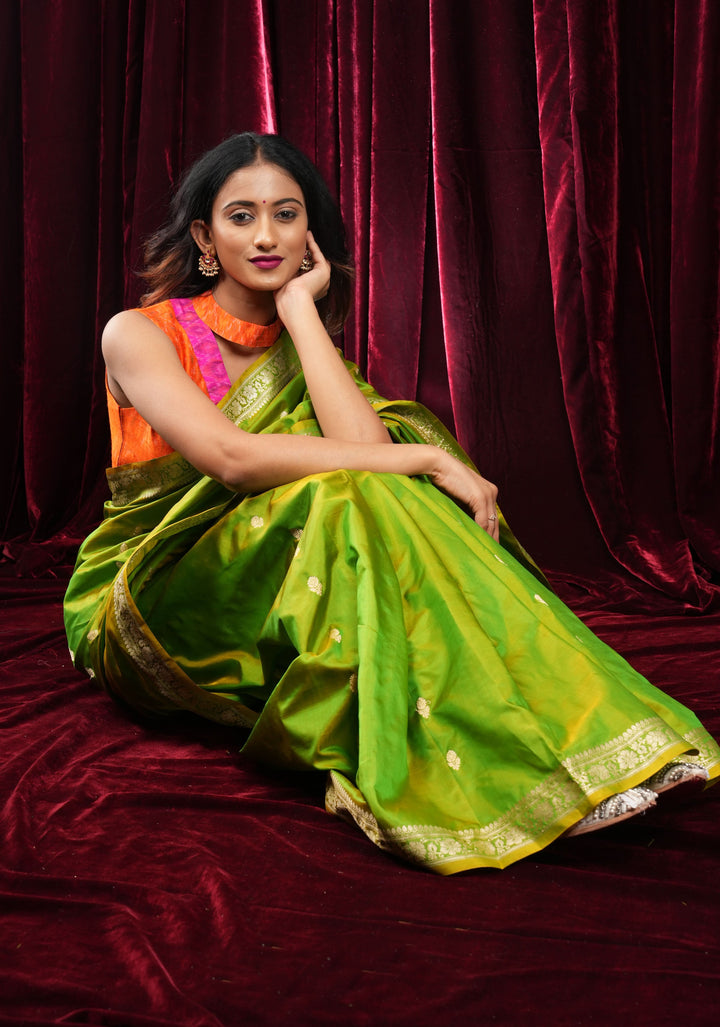 Green Dual tone Banarasi Katan Silk Lightweight Saree with Zari Butti and Meenakari Paisley Pallu | SILK MARK CERTIFIED