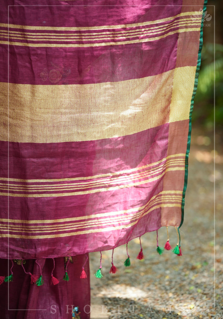 Tanjore Design Twin parrots embroidered motifs on maroon Linen by Linen Saree