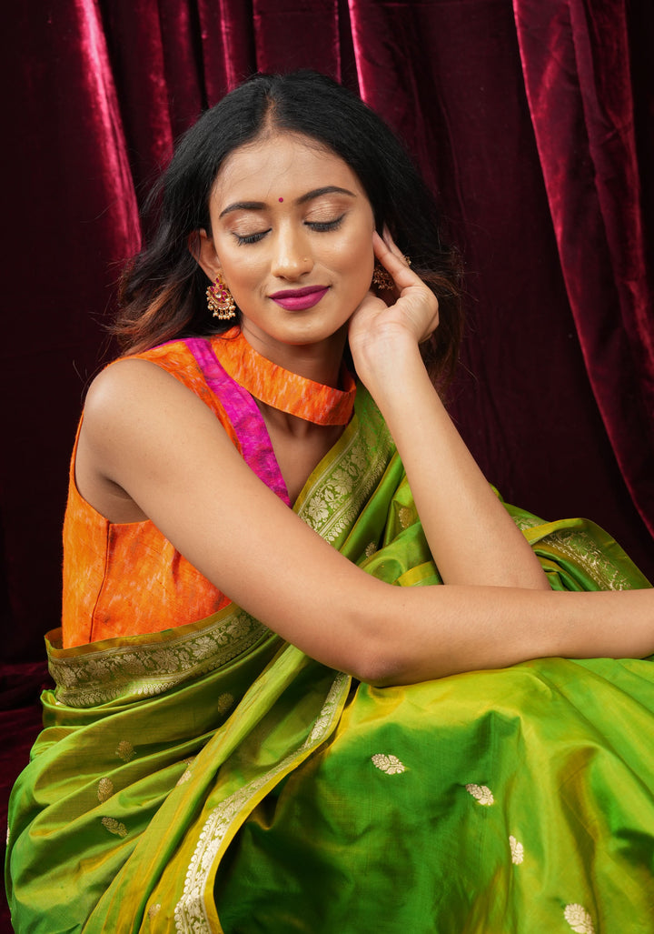 Green Dual tone Banarasi Katan Silk Lightweight Saree with Zari Butti and Meenakari Paisley Pallu | SILK MARK CERTIFIED
