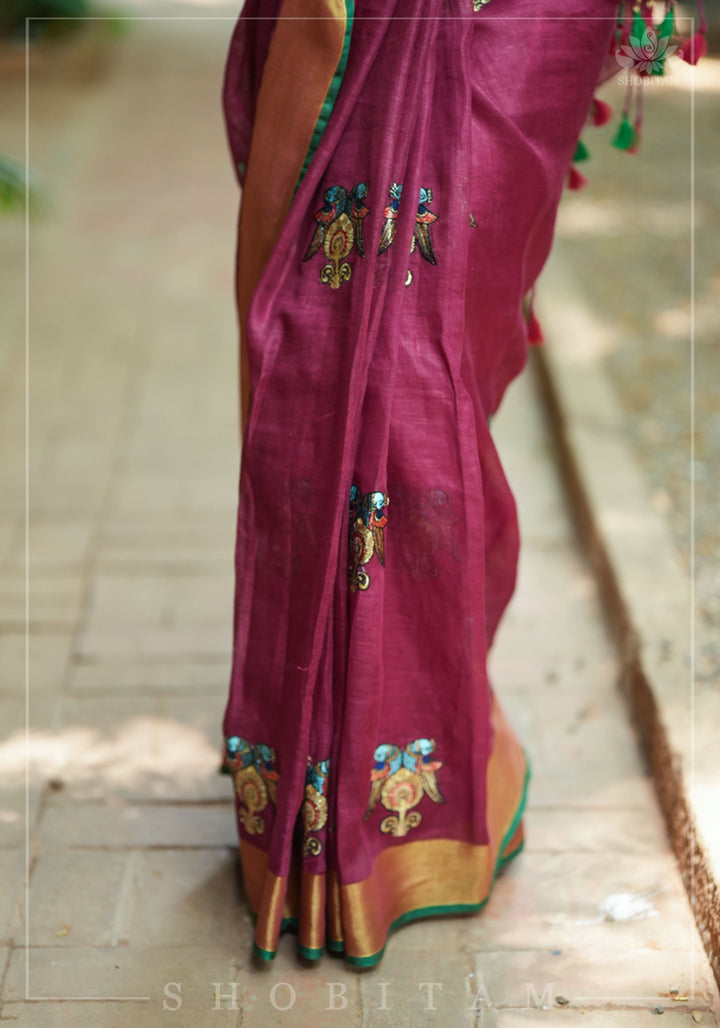 Tanjore Design Twin parrots embroidered motifs on maroon Linen by Linen Saree