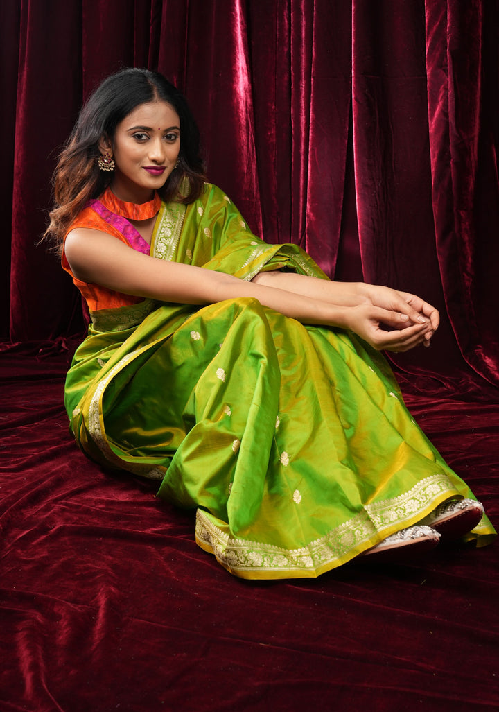 Green Dual tone Banarasi Katan Silk Lightweight Saree with Zari Butti and Meenakari Paisley Pallu | SILK MARK CERTIFIED