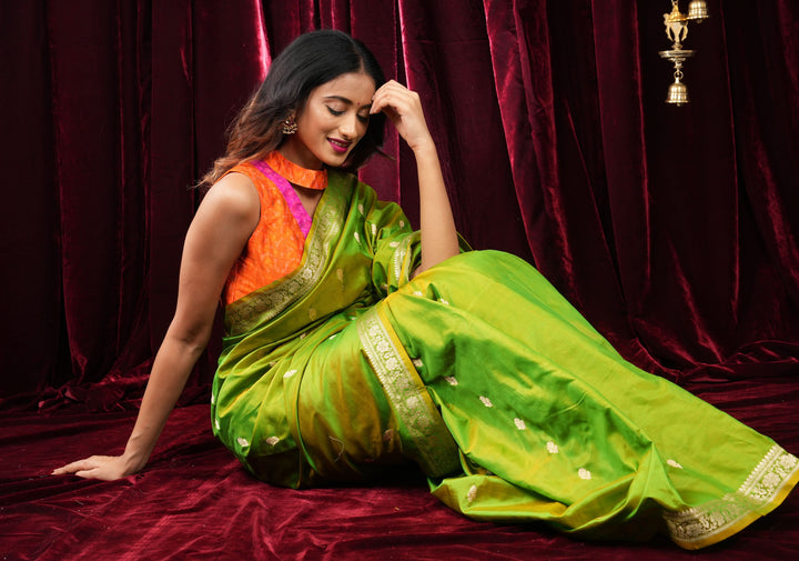 Green Dual tone Banarasi Katan Silk Lightweight Saree with Zari Butti and Meenakari Paisley Pallu | SILK MARK CERTIFIED
