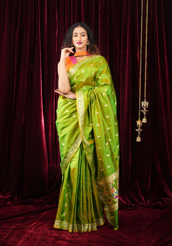 Green Dual tone Banarasi Katan Silk Lightweight Saree with Zari Butti and Meenakari Paisley Pallu | SILK MARK CERTIFIED