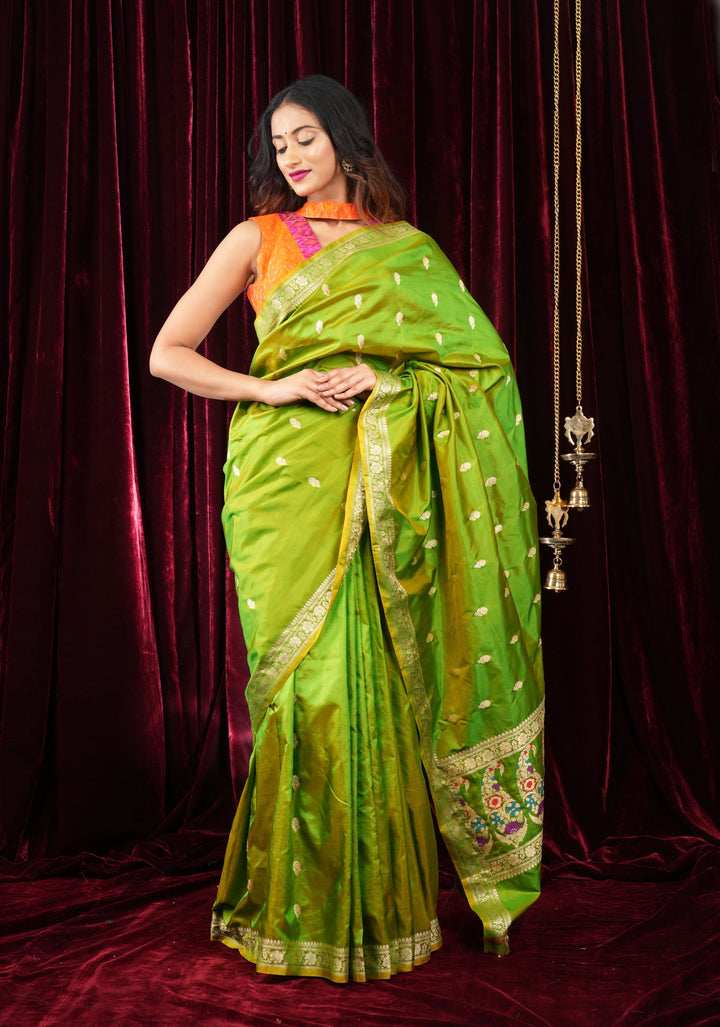 Green Dual tone Banarasi Katan Silk Lightweight Saree with Zari Butti and Meenakari Paisley Pallu | SILK MARK CERTIFIED
