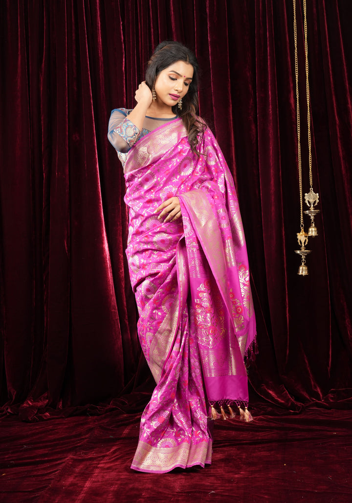 Exquisite Fuchsia Semi Silk Saree with Floral jaal Meenakari Body Zari Border and Pallu