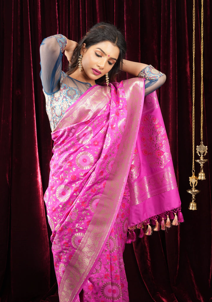 Exquisite Fuchsia Semi Silk Saree with Floral jaal Meenakari Body Zari Border and Pallu