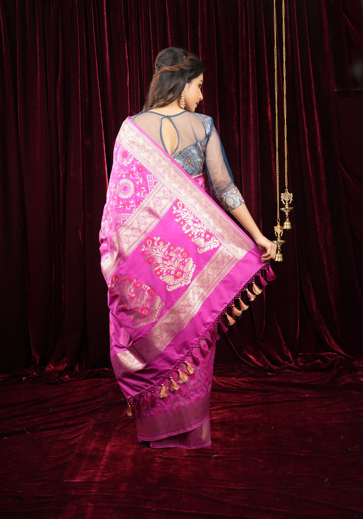 Exquisite Fuchsia Semi Silk Saree with Floral jaal Meenakari Body Zari Border and Pallu