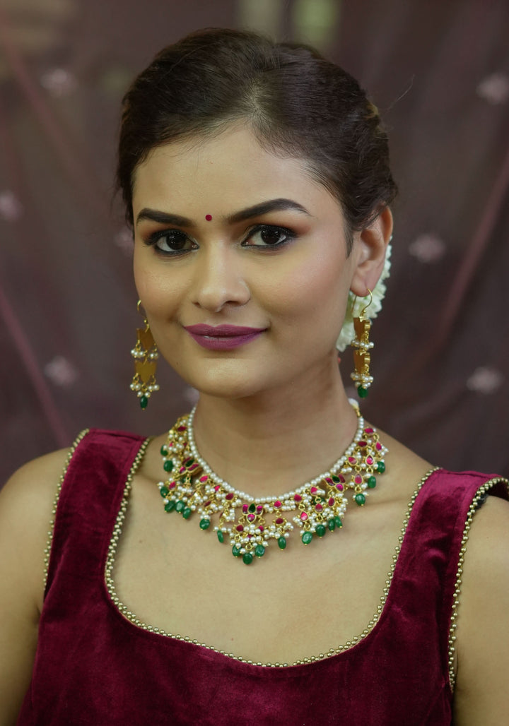 Lotus design Dense  Jadau Necklace Set with Green Dangling beads | Shobitam Jewelry