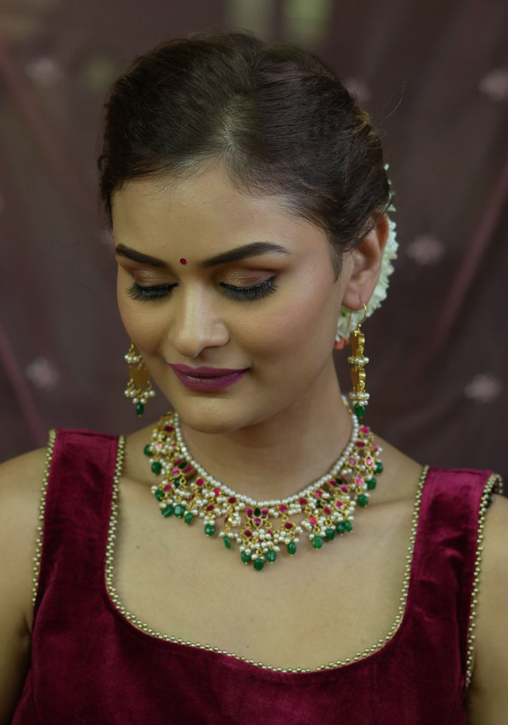 Lotus design Dense  Jadau Necklace Set with Green Dangling beads | Shobitam Jewelry