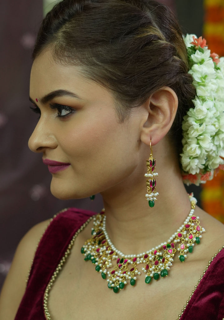 Lotus design Dense  Jadau Necklace Set with Green Dangling beads | Shobitam Jewelry
