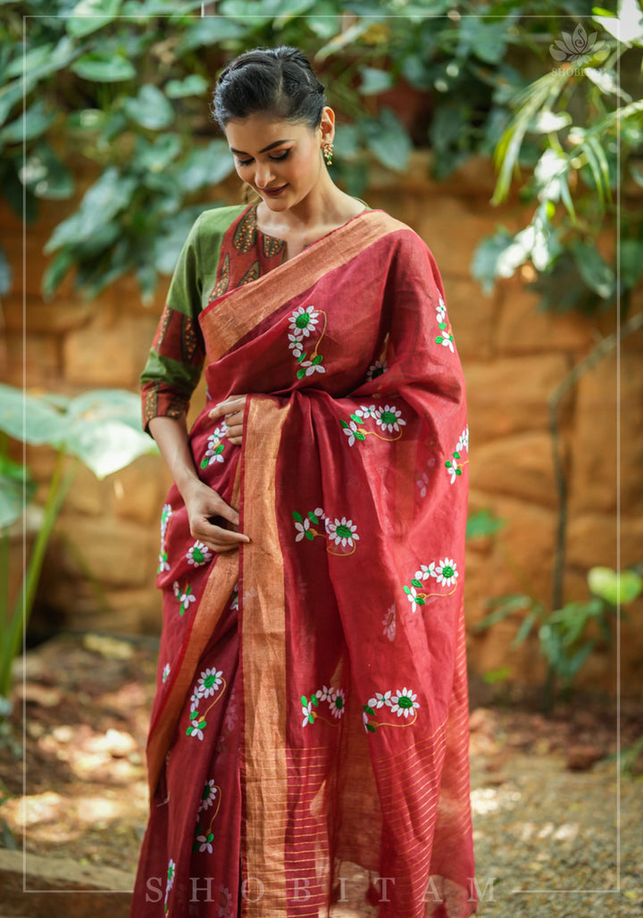 Moti Nath Embroidery on Silk Linen in Brick Red