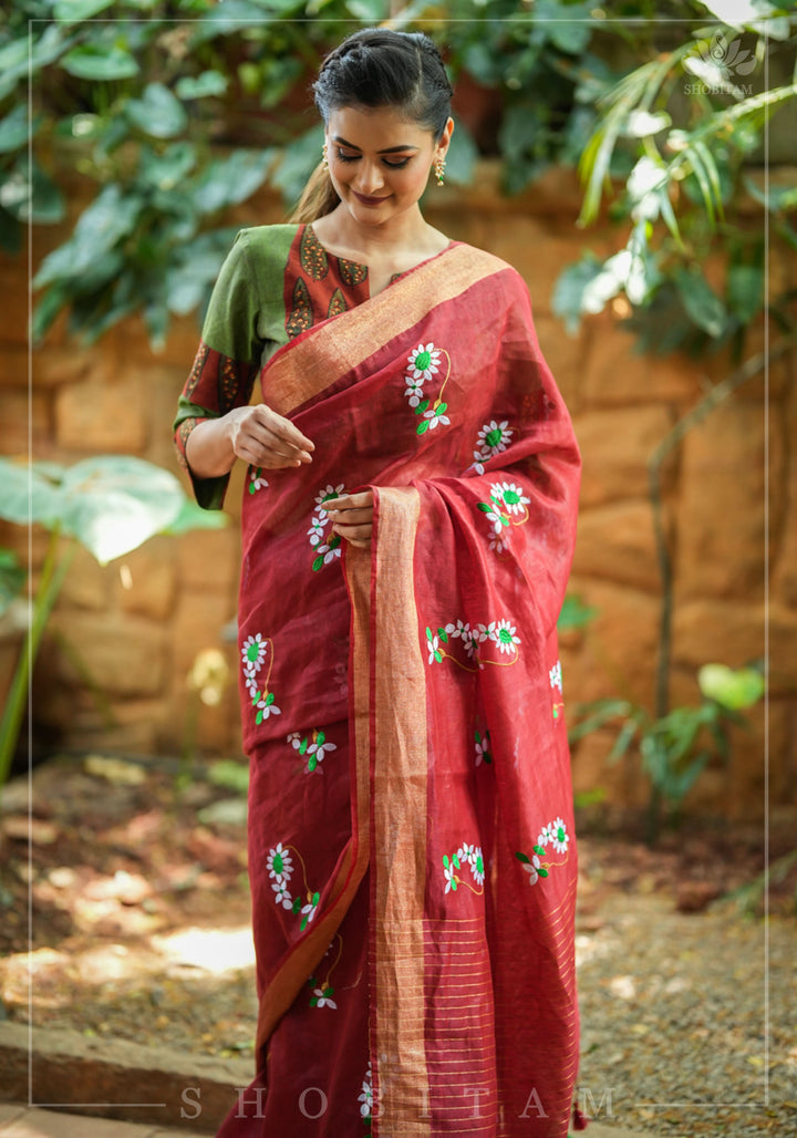 Moti Nath Embroidery on Silk Linen in Brick Red