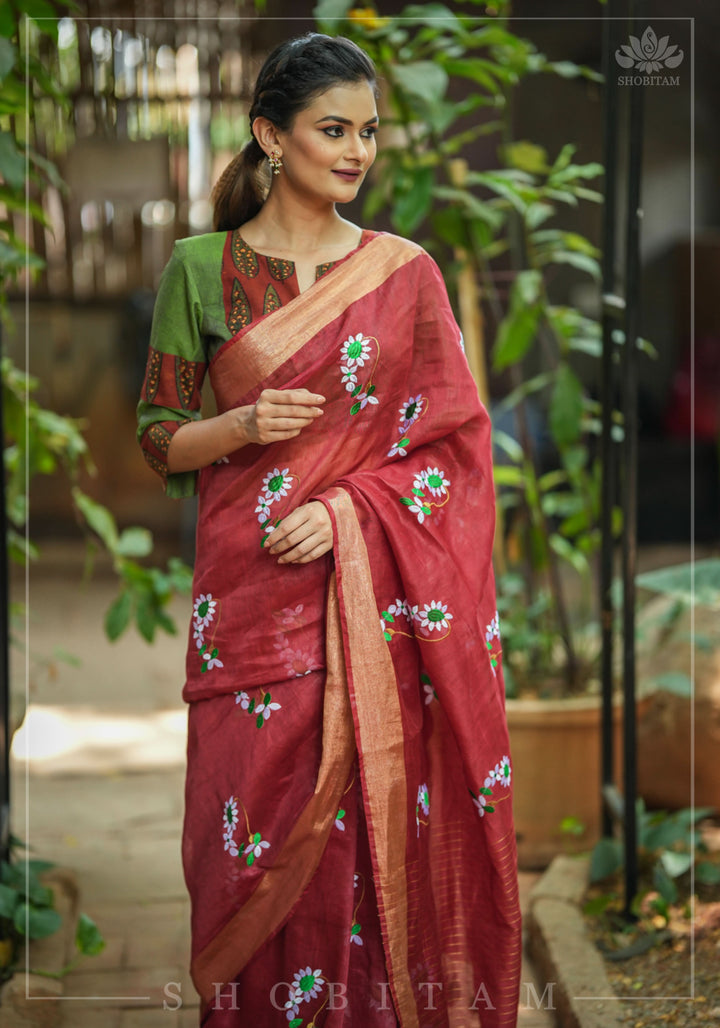 Moti Nath Embroidery on Silk Linen in Brick Red