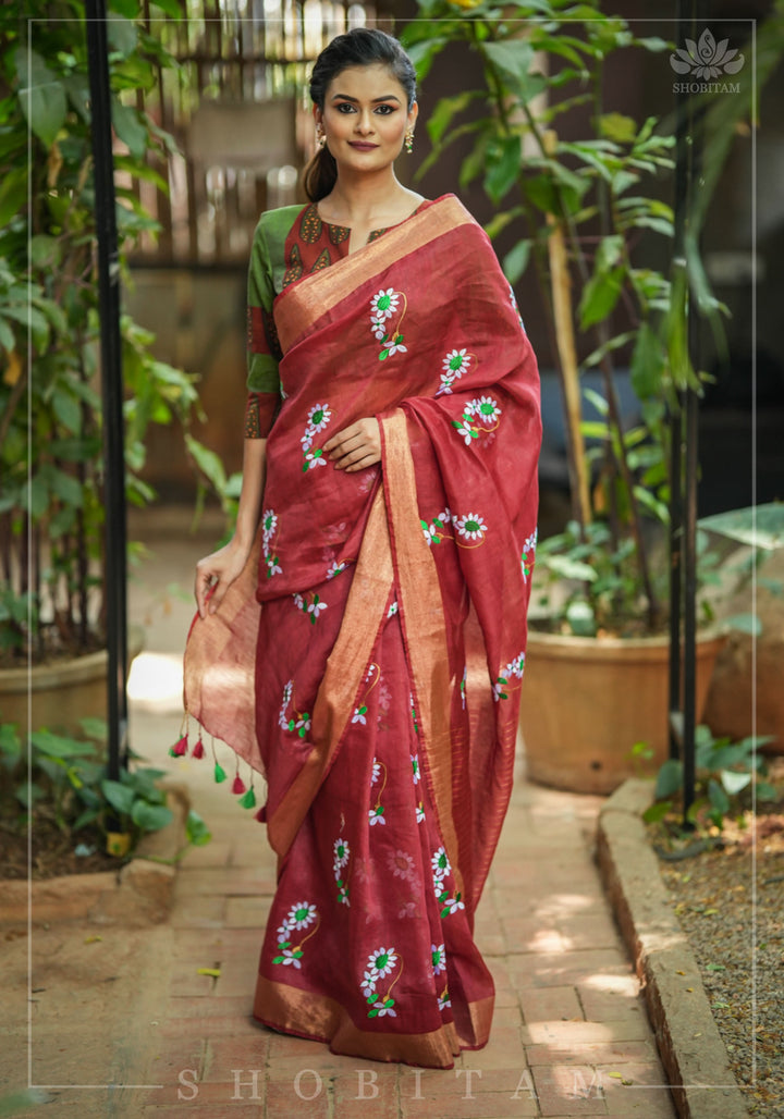 Moti Nath Embroidery on Silk Linen in Brick Red