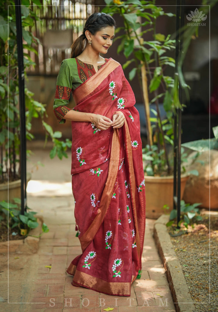 Moti Nath Embroidery on Silk Linen in Brick Red