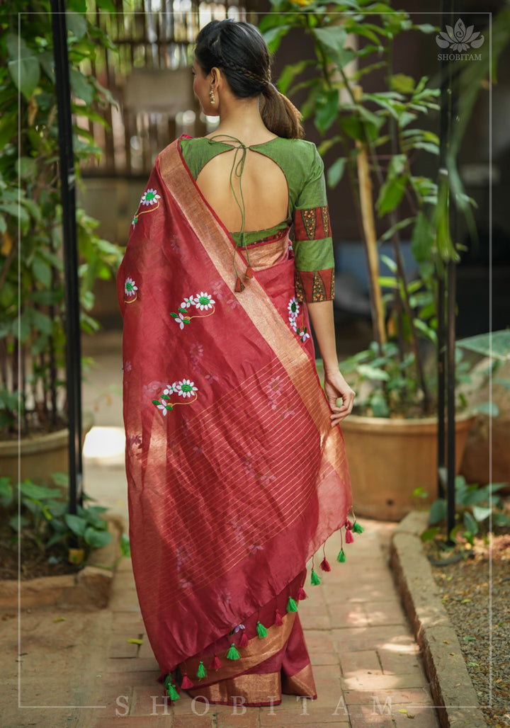 Moti Nath Embroidery on Silk Linen in Brick Red