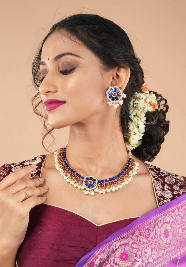 Blue and Pink Stone Jadau Necklace and Earring Set