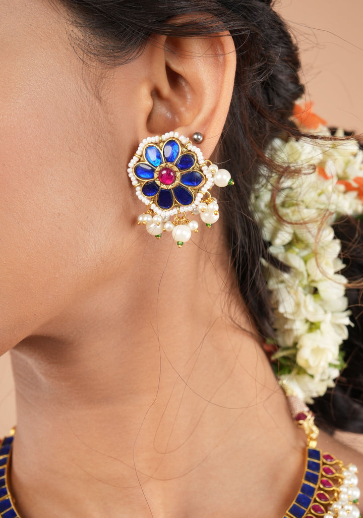 Blue and Pink Stone Jadau Necklace and Earring Set