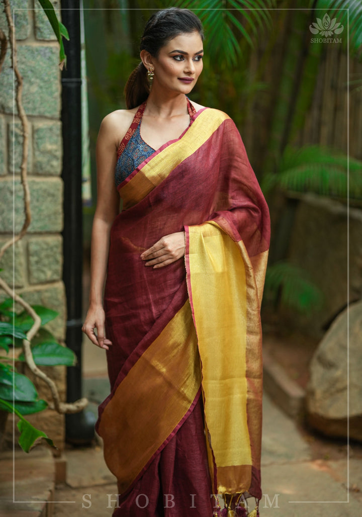 Wide Antique Golden Border Linen by Linen Saree in Maroon