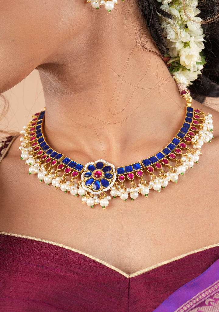 Blue and Pink Stone Jadau Necklace and Earring Set