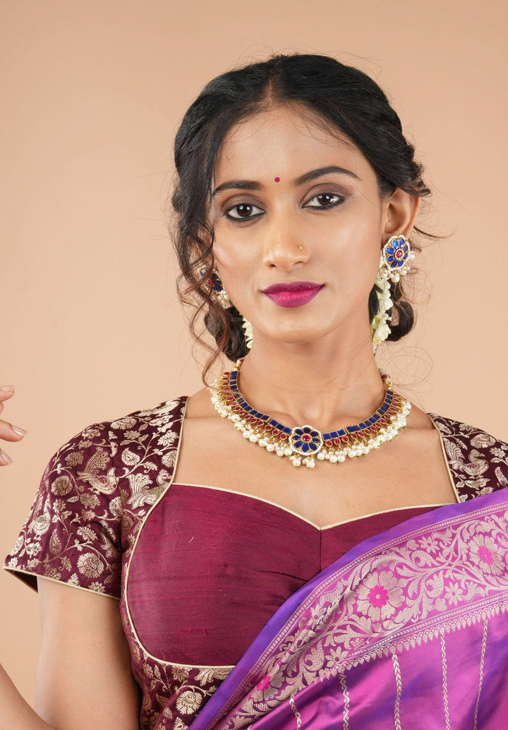 Blue and Pink Stone Jadau Necklace and Earring Set