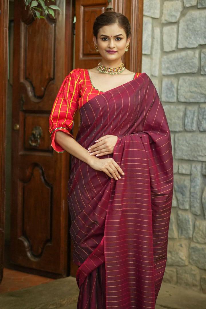 Reversibleree Maheshwari Sa in mercerised Cotton with extra Long tassle in Maroon and No blouse Piece
