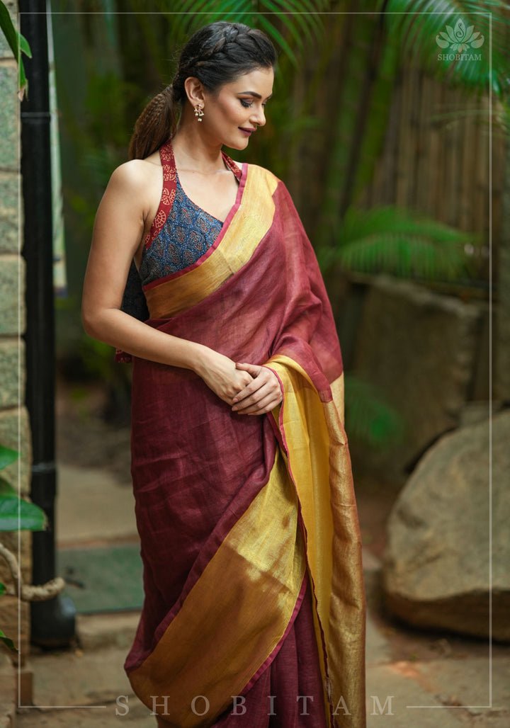 Wide Antique Golden Border Linen by Linen Saree in Maroon