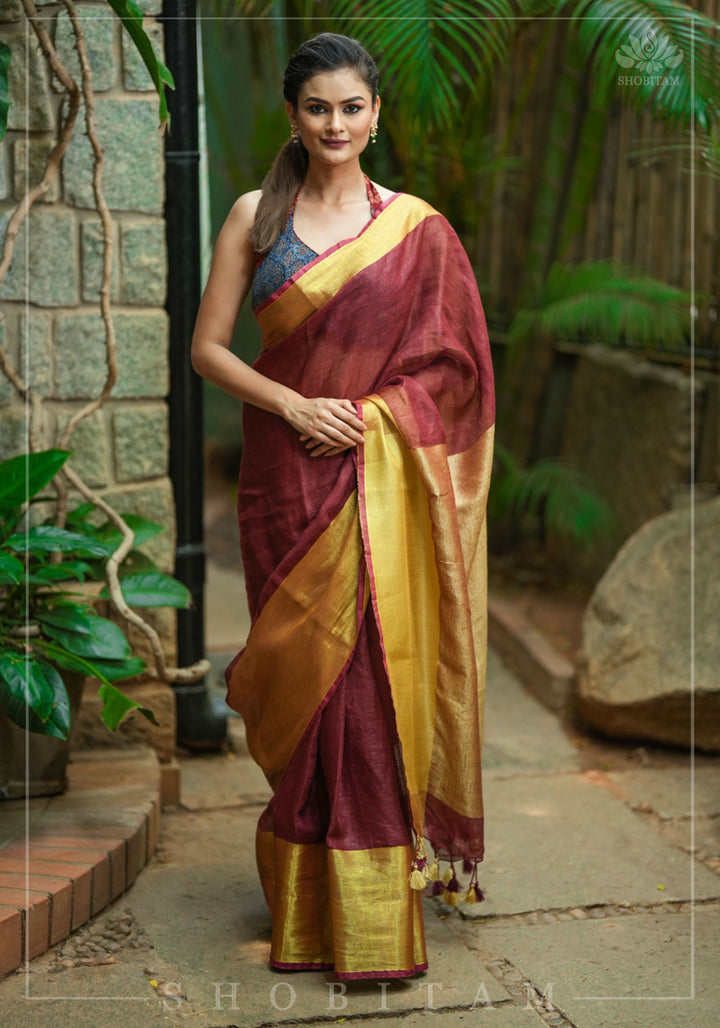 Wide Antique Golden Border Linen by Linen Saree in Maroon