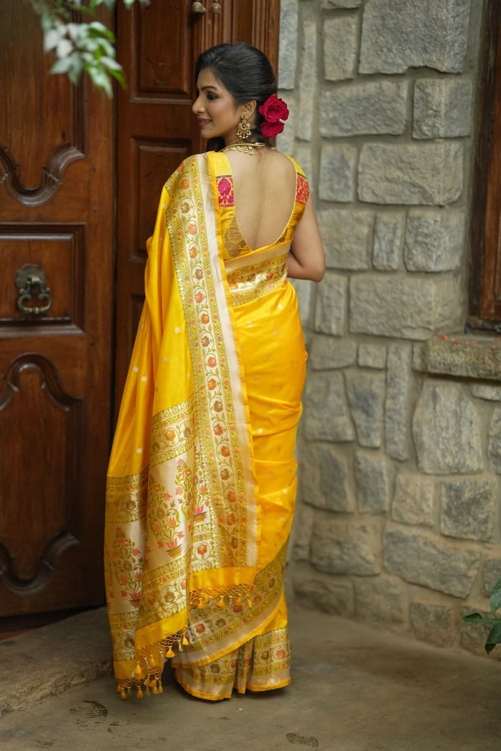 Exquisite Banarasi Katan Silk Saree in Yellow with Paithani Style Border | SILK MARK CERTIFIED