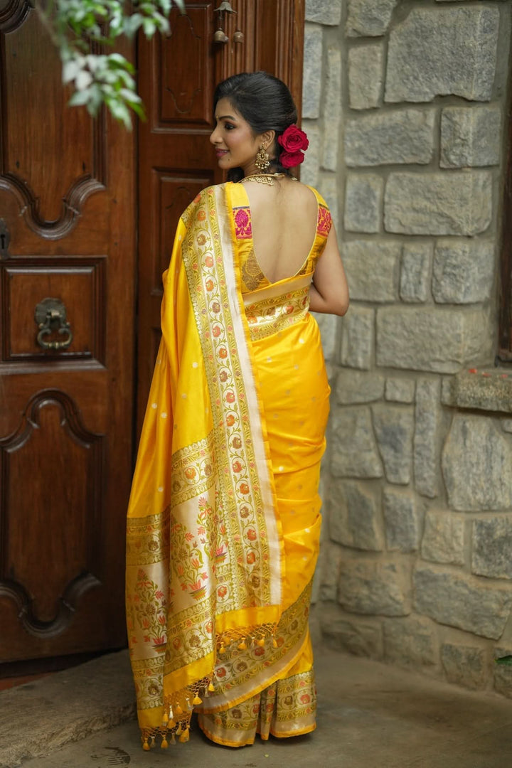 Exquisite Banarasi Katan Silk Saree in Yellow with Paithani Style Border | SILK MARK CERTIFIED