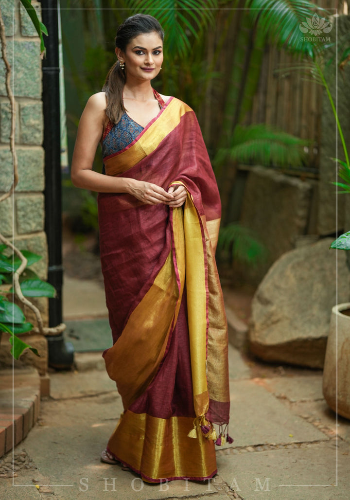 Wide Antique Golden Border Linen by Linen Saree in Maroon